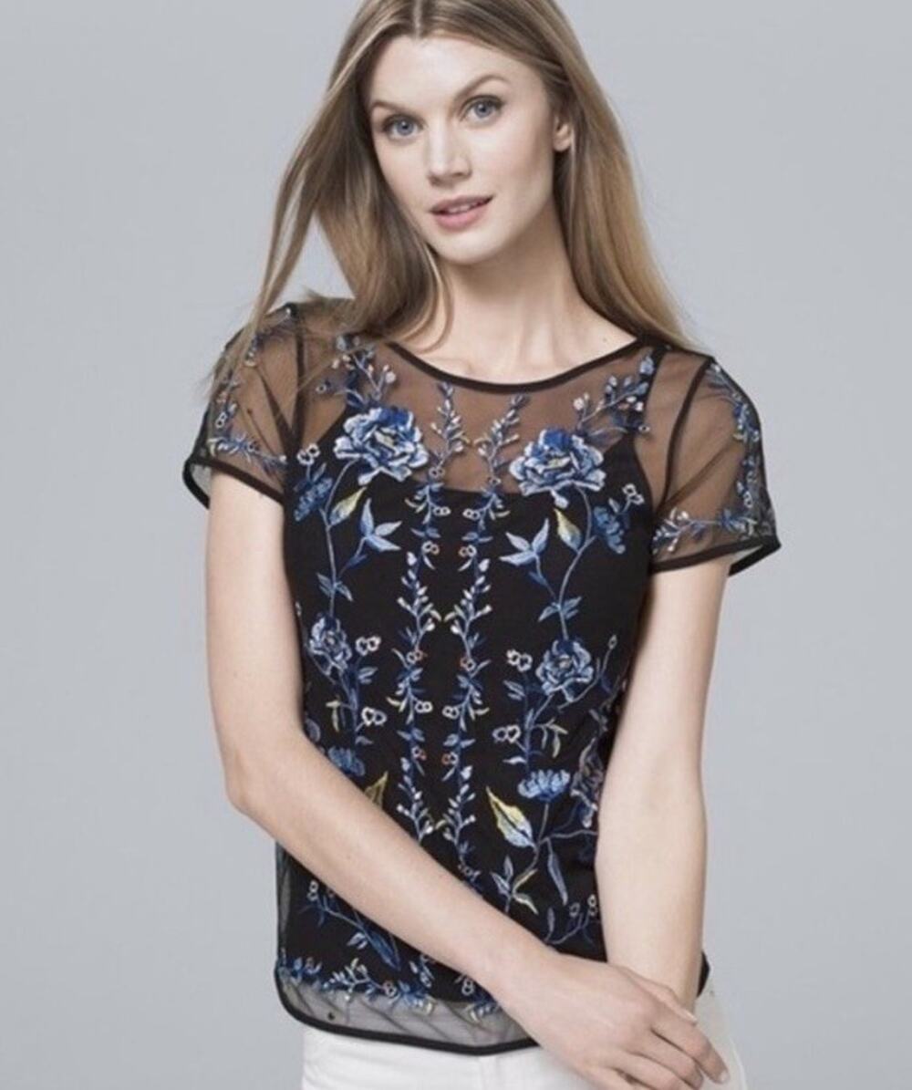 WHBM Floral Mesh Embroidered Sheer Top Blouse Black XXS Flirty Romantic Chic